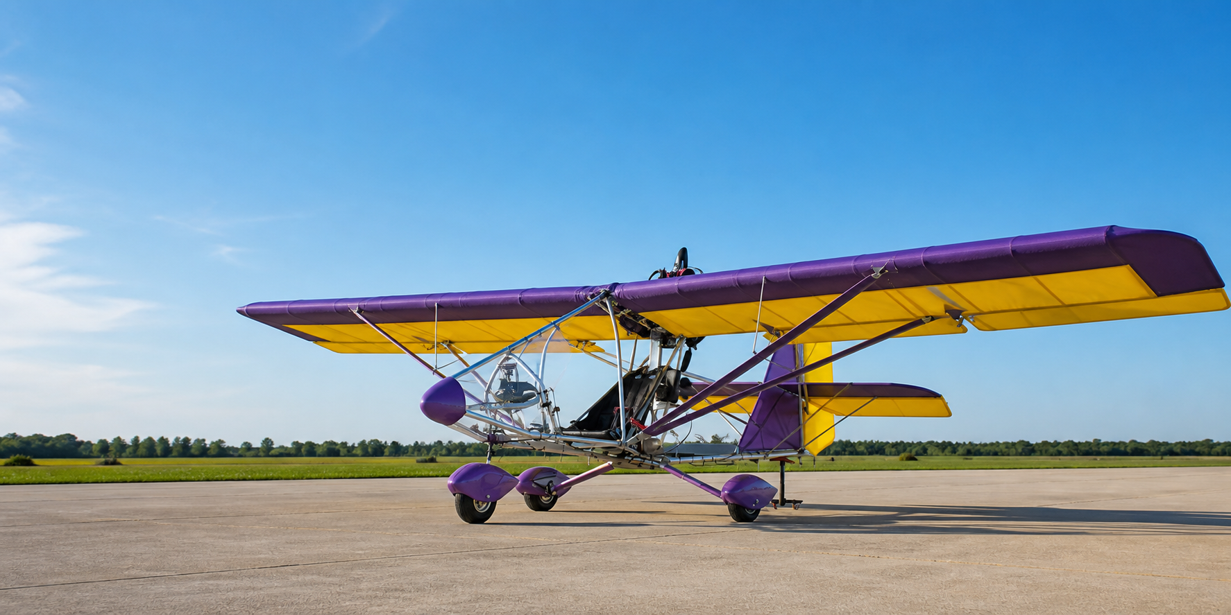 Purple and yellow open-frame ultralight airplane on a runway